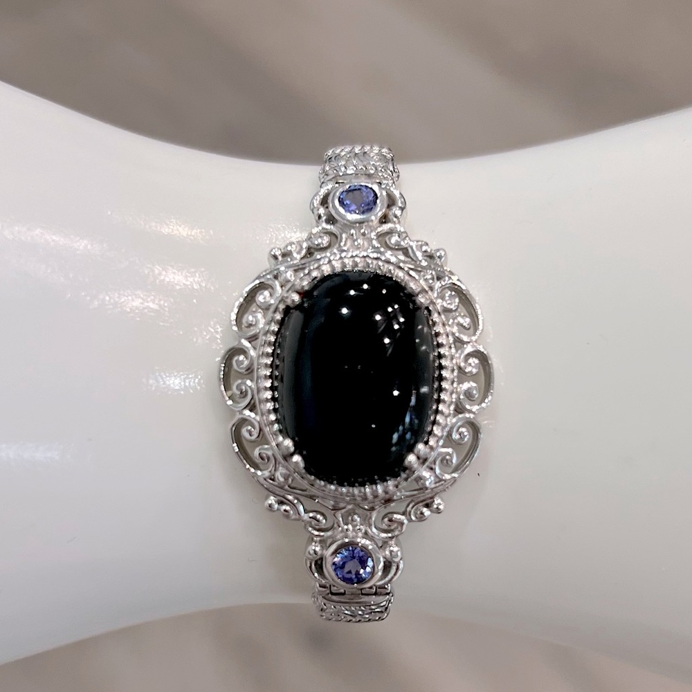 Black Jade and Tanzanite Toggle Clasp Sterling Silver Bracelet - Picture 4 of 15